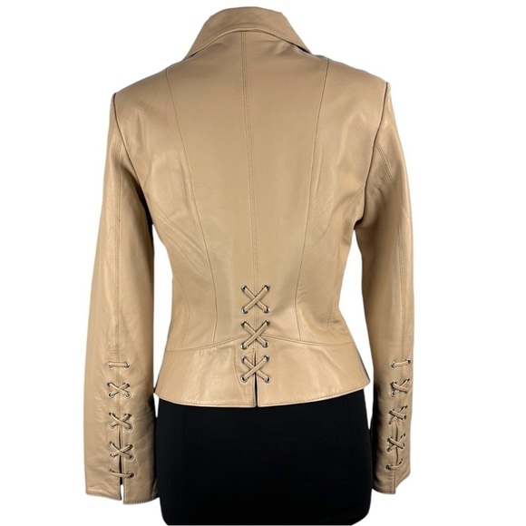 VINTAGE Y2K VID COLLECTION LEATHER LACE UP CORSET STYLE CREAM ZIP UP JACKET - Picture 6 of 15